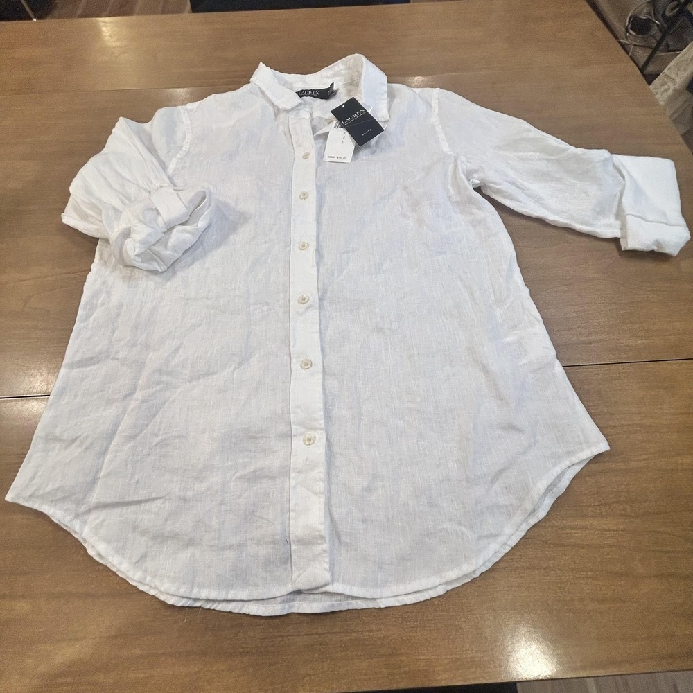 Lauren Ralph Lauren Tunic Shirt Womens PM White 100% Linen Button Front Top